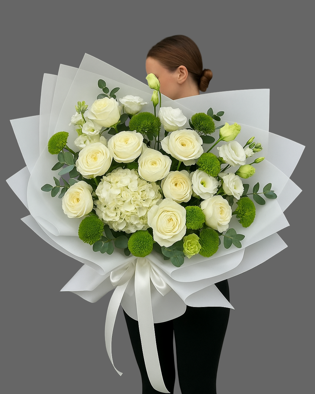 Bouquet Lemon & Lime Breeze with white roses, hydrangea and green dianthus, luxury fresh flowers for delivery in Miami and Sunny Isles.”