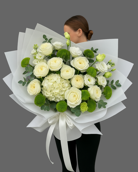 Bouquet Lemon & Lime Breeze with white roses, hydrangea and green dianthus, luxury fresh flowers for delivery in Miami and Sunny Isles.”