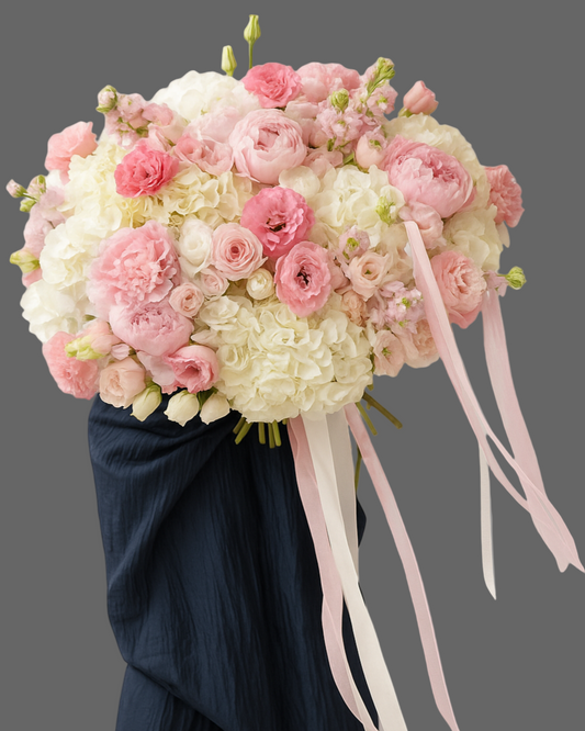LOVELY DELIGHT bouquet with pink and white roses, hydrangeas, and peonies, luxury premium arrangement for delivery in Miami and Sunny Isles.