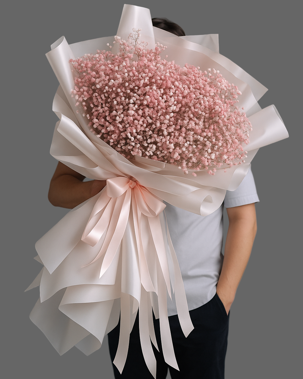 Bouquet COTTON CANDY CLOUD with pink gypsophila, airy cloud bouquet for delivery in Miami and Sunny Isles.