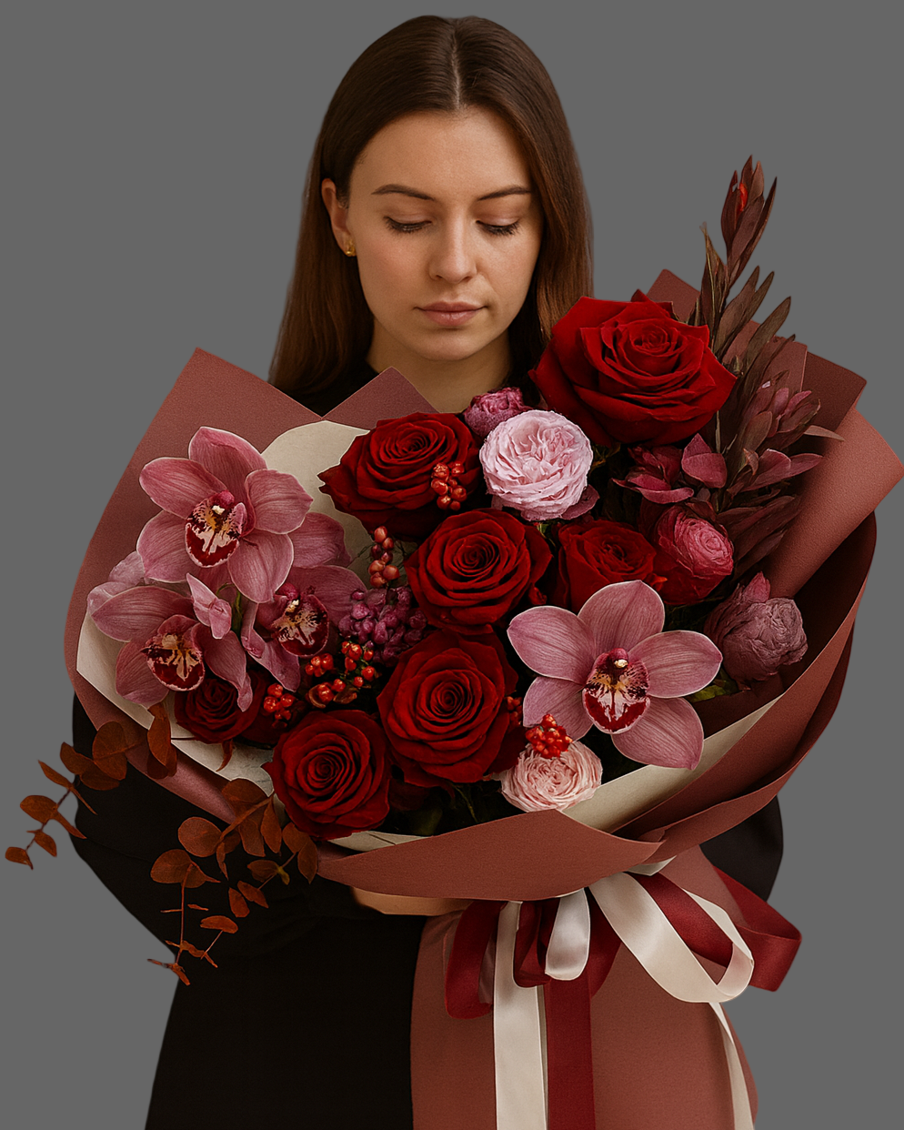 Bouquet BURGUNDY MAGIC with roses and orchids in rich burgundy colors, premium arrangement for delivery in Miami and Sunny Isles.
