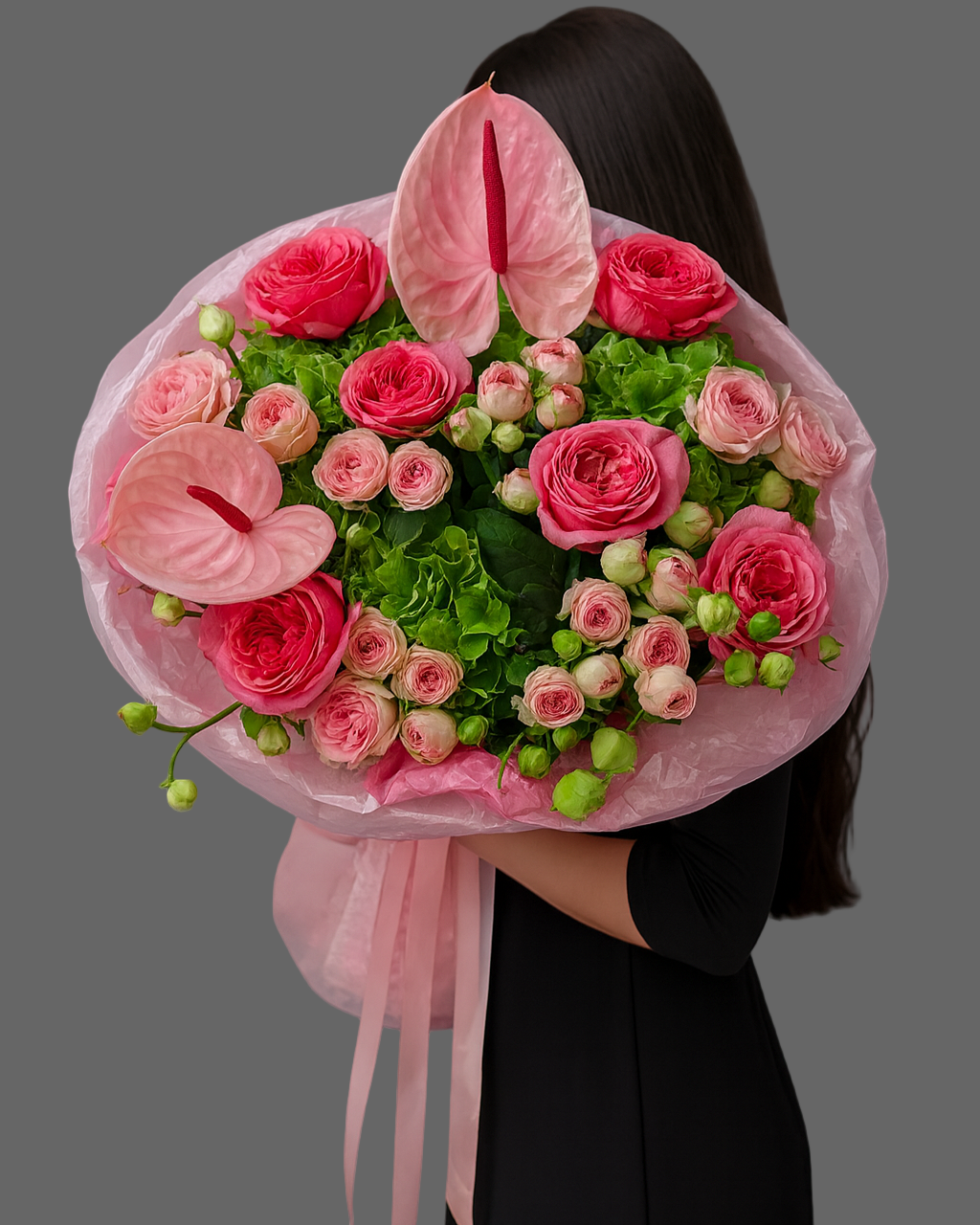 Bouquet RASPBERRY FRESH with raspberry roses, spray roses, greenery, and pink anthuriums, luxury bouquet for delivery in Miami and Sunny Isles.