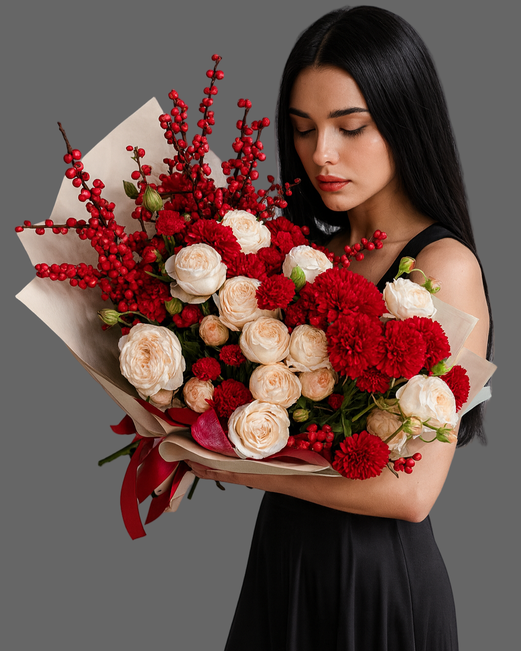 “Bouquet KISS KISS with red and white flowers, luxury romantic arrangement for delivery in Miami and Sunny Isles.”