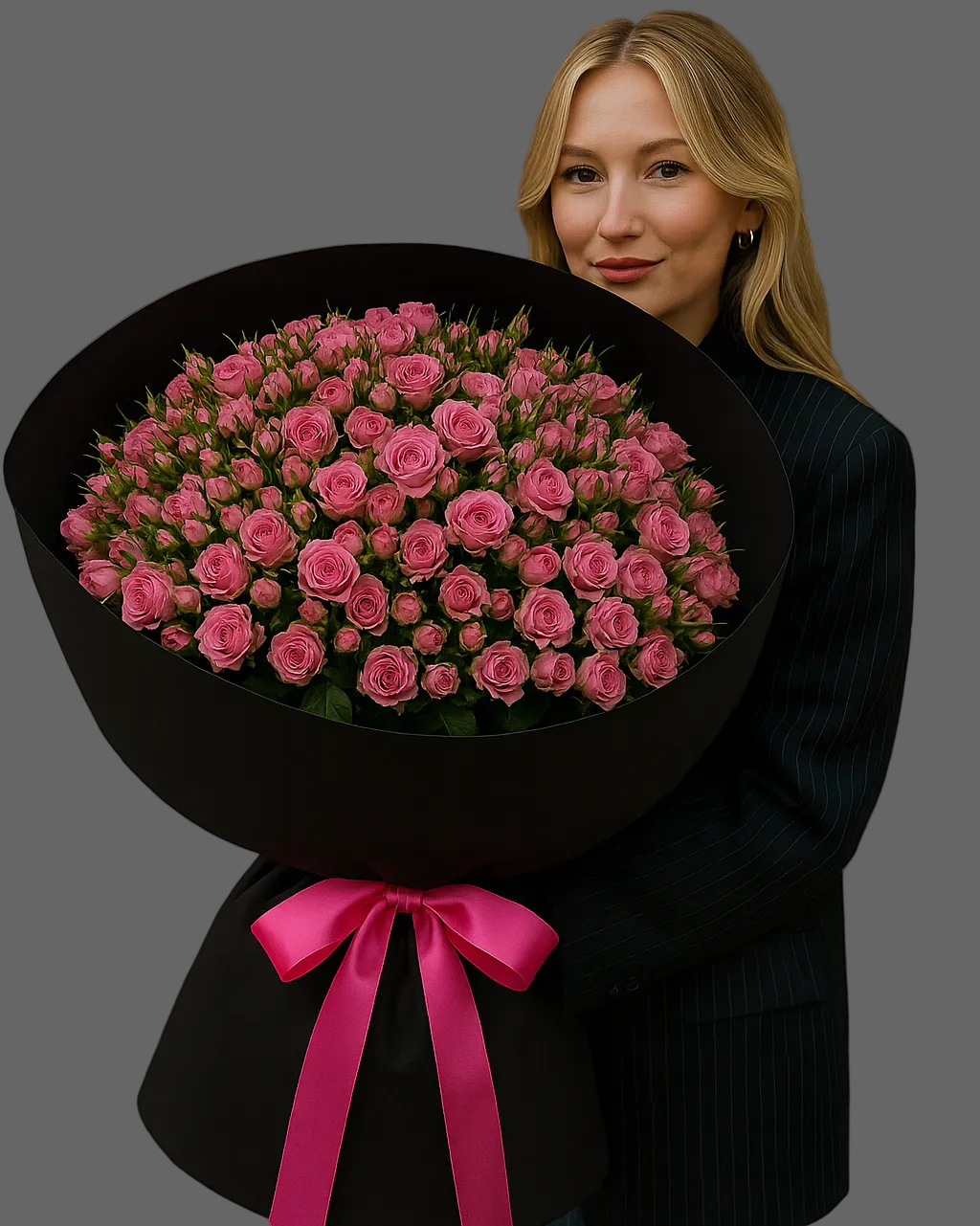 Luxury bouquet of pink spray roses in black wrapping with satin ribbon, available for flower delivery in Miami and Sunny Isles.