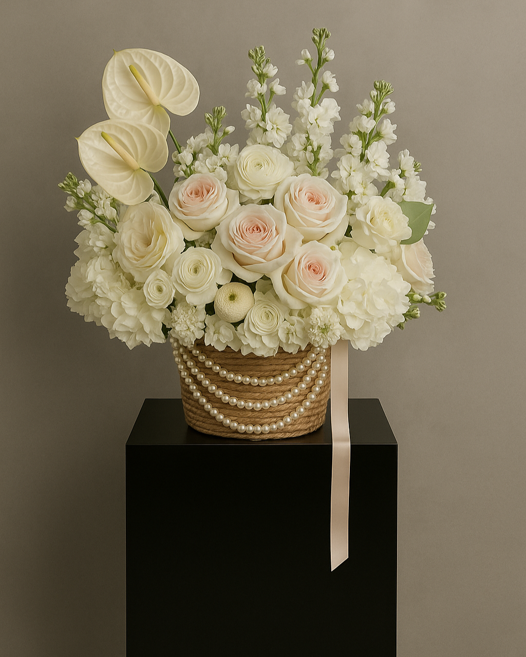 Exotic White Elegance flower basket with roses, hydrangea, and anthurium in luxury white tones. Premium flower arrangement for weddings, anniversaries, and events in Miami.