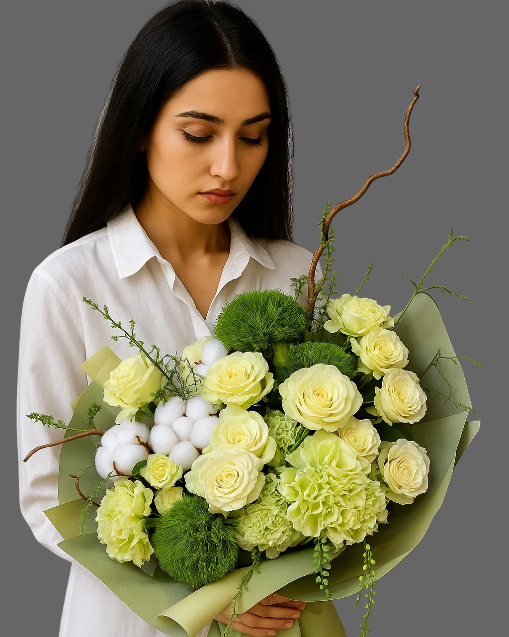 “Bouquet Emerald Mist with white roses, green dianthus, hydrangeas and cotton branches, deluxe fresh bouquet for delivery in Miami and Sunny Isles.”