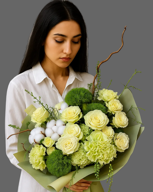 “Bouquet Emerald Mist with white roses, green dianthus, hydrangeas and cotton branches, deluxe fresh bouquet for delivery in Miami and Sunny Isles.”