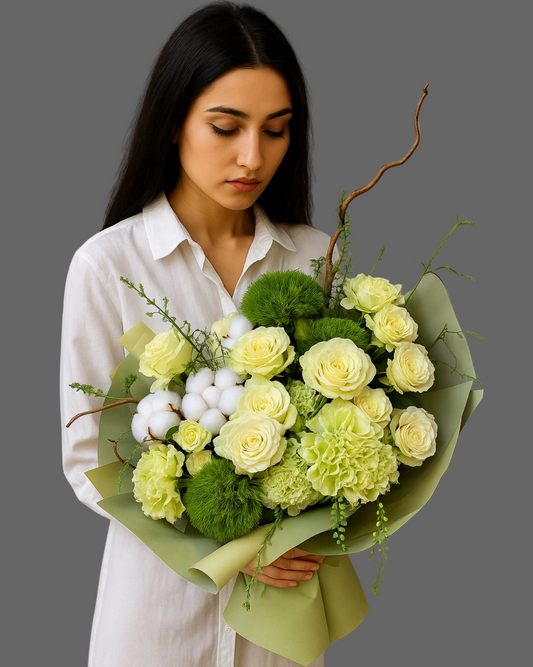 “Bouquet Emerald Mist with white roses, green dianthus, hydrangeas and cotton branches, deluxe fresh bouquet for delivery in Miami and Sunny Isles.”