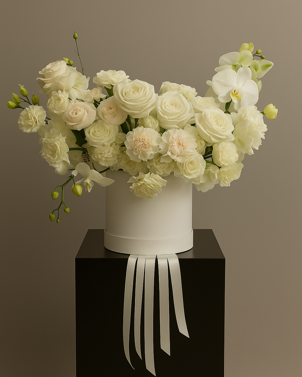 Elegant white flower arrangement in a luxury hat box with orchids and delicate roses, perfect for weddings or premium gifts.
