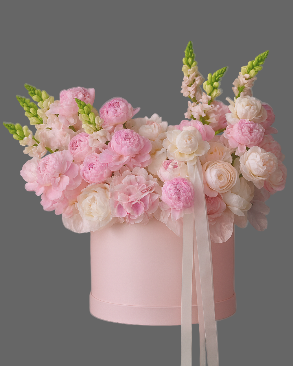 Soft Pink Line flower box with pastel pink peonies and hydrangeas in a luxury pink hat box for delivery in Miami and Sunny Isles.