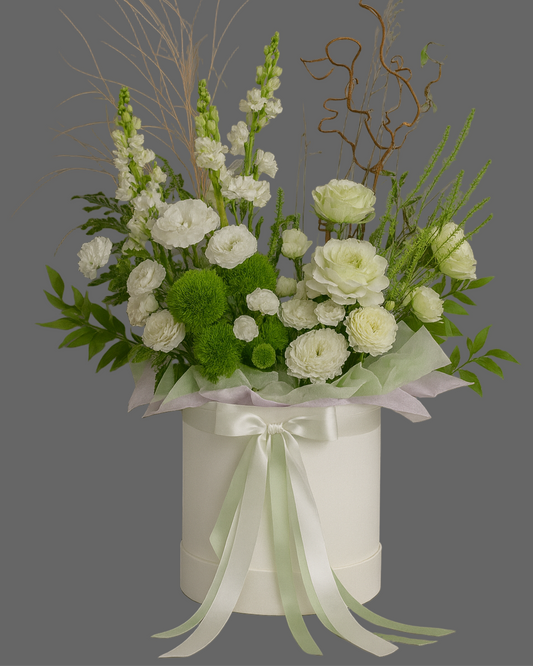 Luxury white and green flower box with garden roses and snapdragons – “Green Grace”