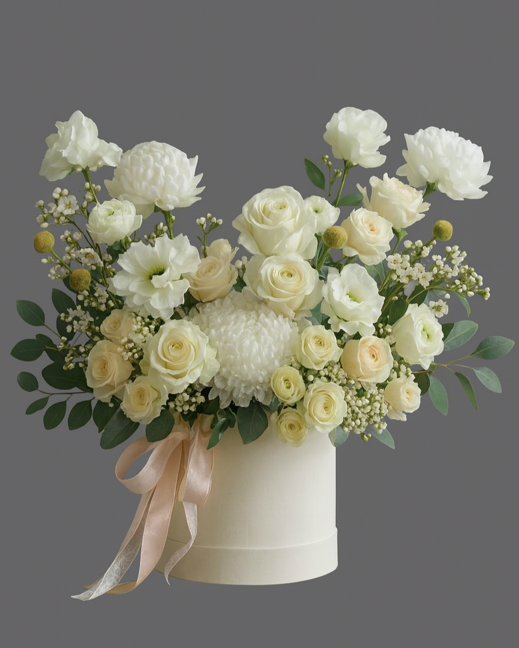 “Elegant white & cream flower box with roses, chrysanthemums, lisianthus, waxflower, craspedia, and eucalyptus – available in Miami.