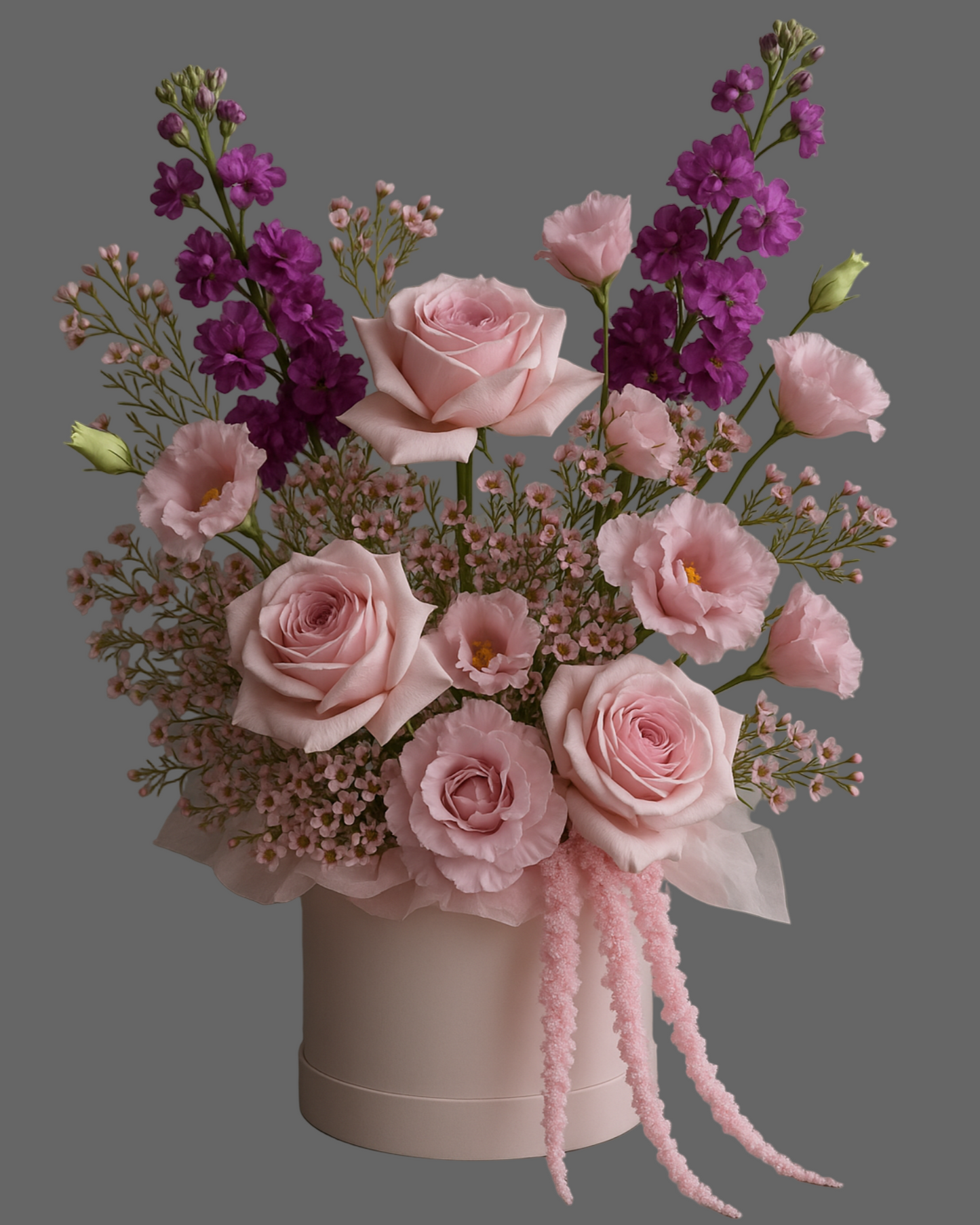 
Luxury flower box with pink roses, purple lisianthus, stock, waxflowers, and amaranthus in a pastel pink hat box on a gray background.
