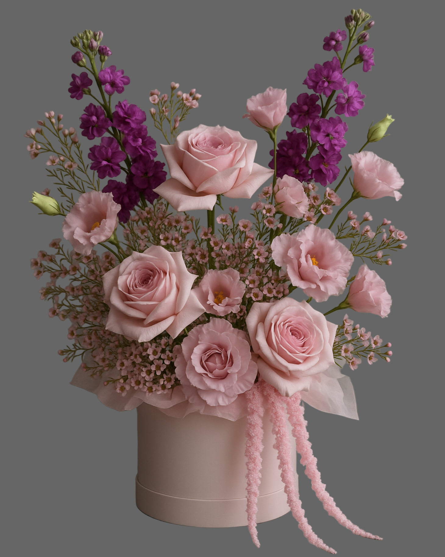 
Luxury flower box with pink roses, purple lisianthus, stock, waxflowers, and amaranthus in a pastel pink hat box on a gray background.
