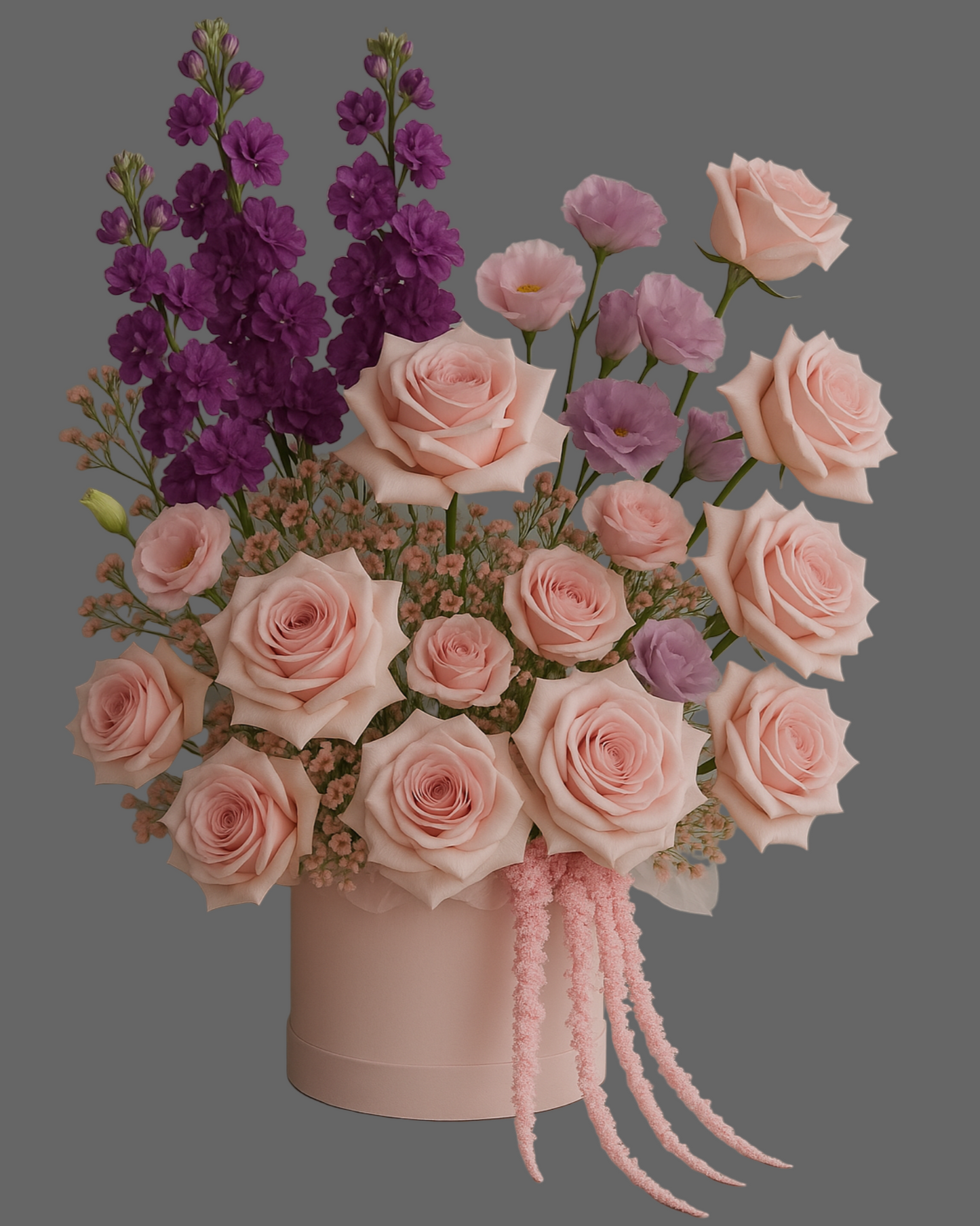 
Luxury flower box with pink roses, purple lisianthus, stock, waxflowers, and amaranthus in a pastel pink hat box on a gray background.
