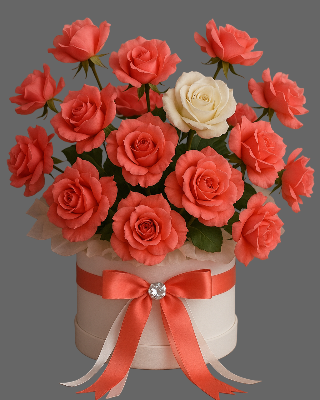 Diamond Coral Rose Box – luxury coral rose arrangement with white rose accent in Miami, perfect for anniversaries, birthdays, Valentine’s Day, Mother’s Day and weddings.”
