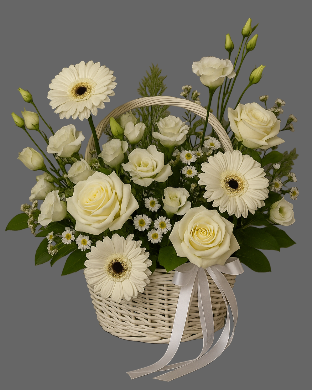 White Elegance flower basket with white roses, gerberas, lisianthus, chamomile, and greenery. Luxury floral gift for weddings, birthdays, anniversaries, and special events in Miami.