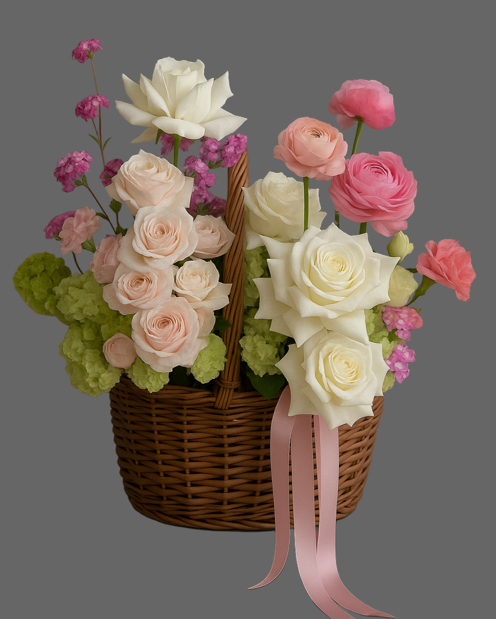 Blush Symphony flower basket with pink roses, ranunculus, hydrangea, and lisianthus. Luxury floral arrangement for weddings, birthdays, and romantic gifts in 