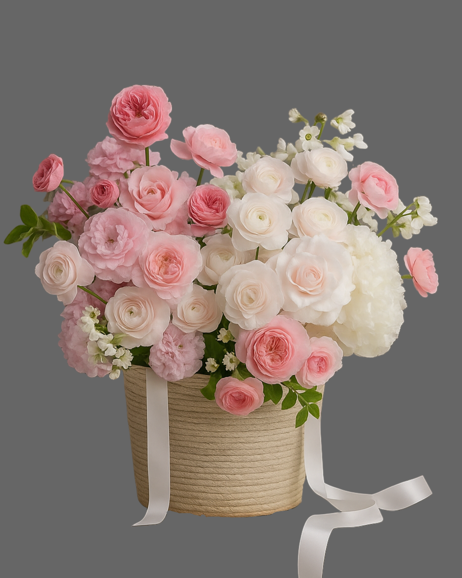 Cool Blossom flower basket with pink and white roses, ranunculus, and hydrangea. Luxury floral arrangement for weddings, birthdays, and elegant gifts in Miami.