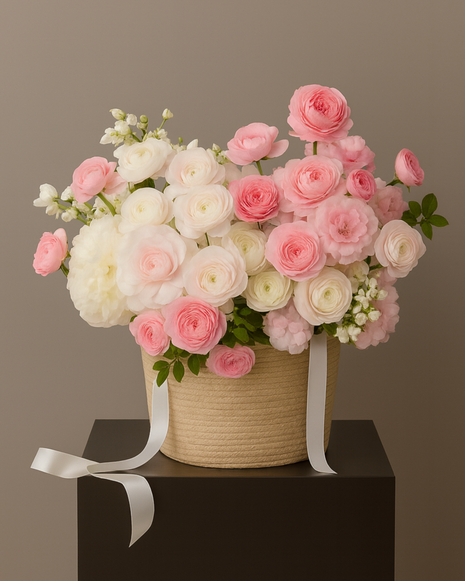 Cool Blossom flower basket with pink and white roses, ranunculus, and hydrangea. Luxury floral arrangement for weddings, birthdays, and elegant gifts in Miami.