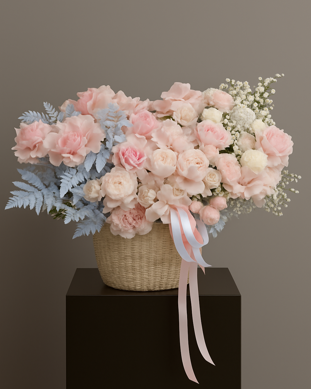 Soft pink and silver flower basket with roses, peonies, orchids, and silver fern. Elegant luxury floral arrangement for weddings, baby showers, and gifts in Miami.