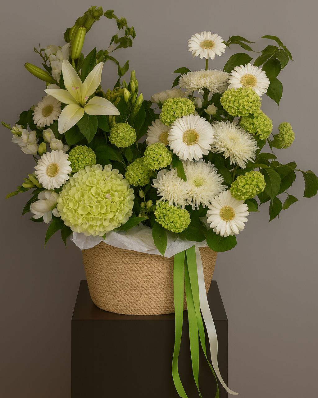 Green and white flower basket with hydrangeas, roses, gerberas, and airy grasses. Elegant natural floral arrangement with long green and white ribbons — handmade in Miami.

