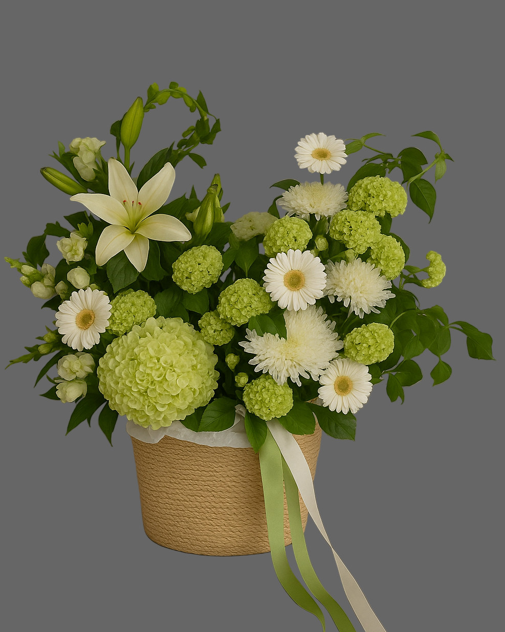 Green and white flower basket with hydrangeas, roses, gerberas, and airy grasses. Elegant natural floral arrangement with long green and white ribbons — handmade in Miami.
