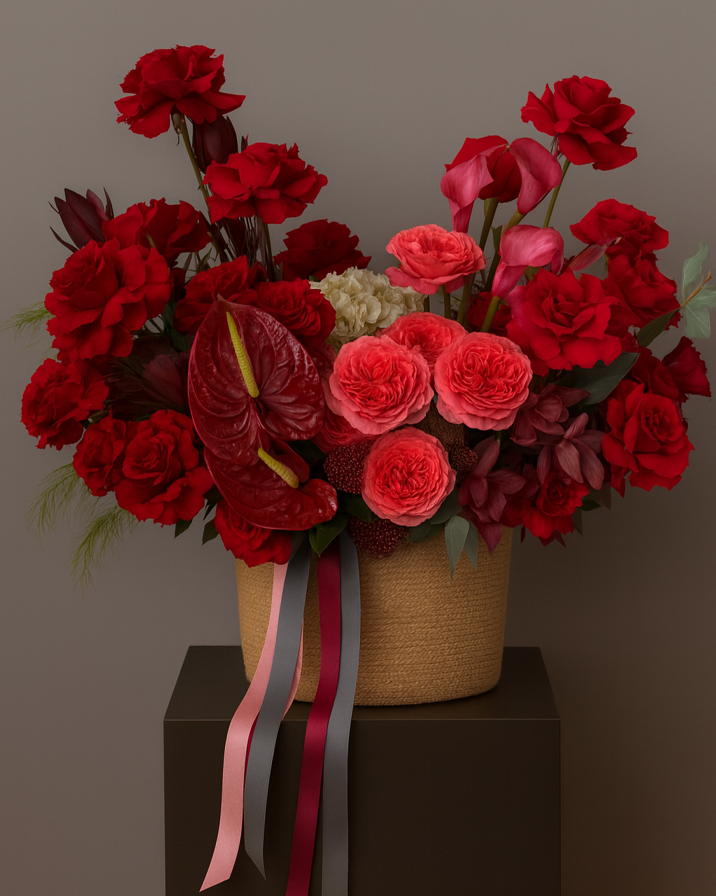 Ruby Silk basket with red roses, anthuriums, and spray roses — luxury floral arrangement for romantic gifts and anniversaries in Miami.