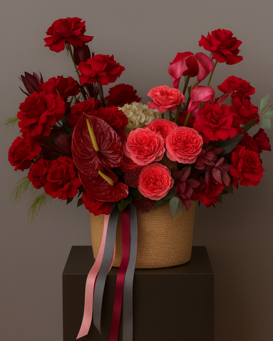 Ruby Silk basket with red roses, anthuriums, and spray roses — luxury floral arrangement for romantic gifts and anniversaries in Miami.