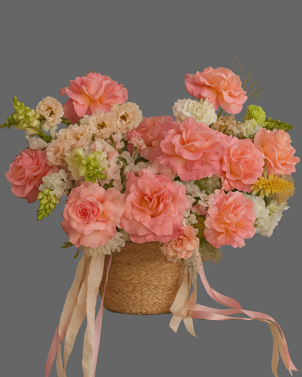 Coral flower basket with roses, lisianthus, and hydrangeas in a rope basket. Airy romantic arrangement for weddings, anniversaries, and gifts in Miami.