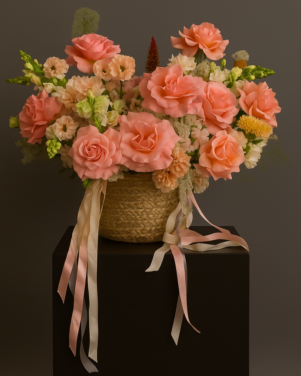 Coral flower basket with roses, lisianthus, and hydrangeas in a rope basket. Airy romantic arrangement for weddings, anniversaries, and gifts in Miami.