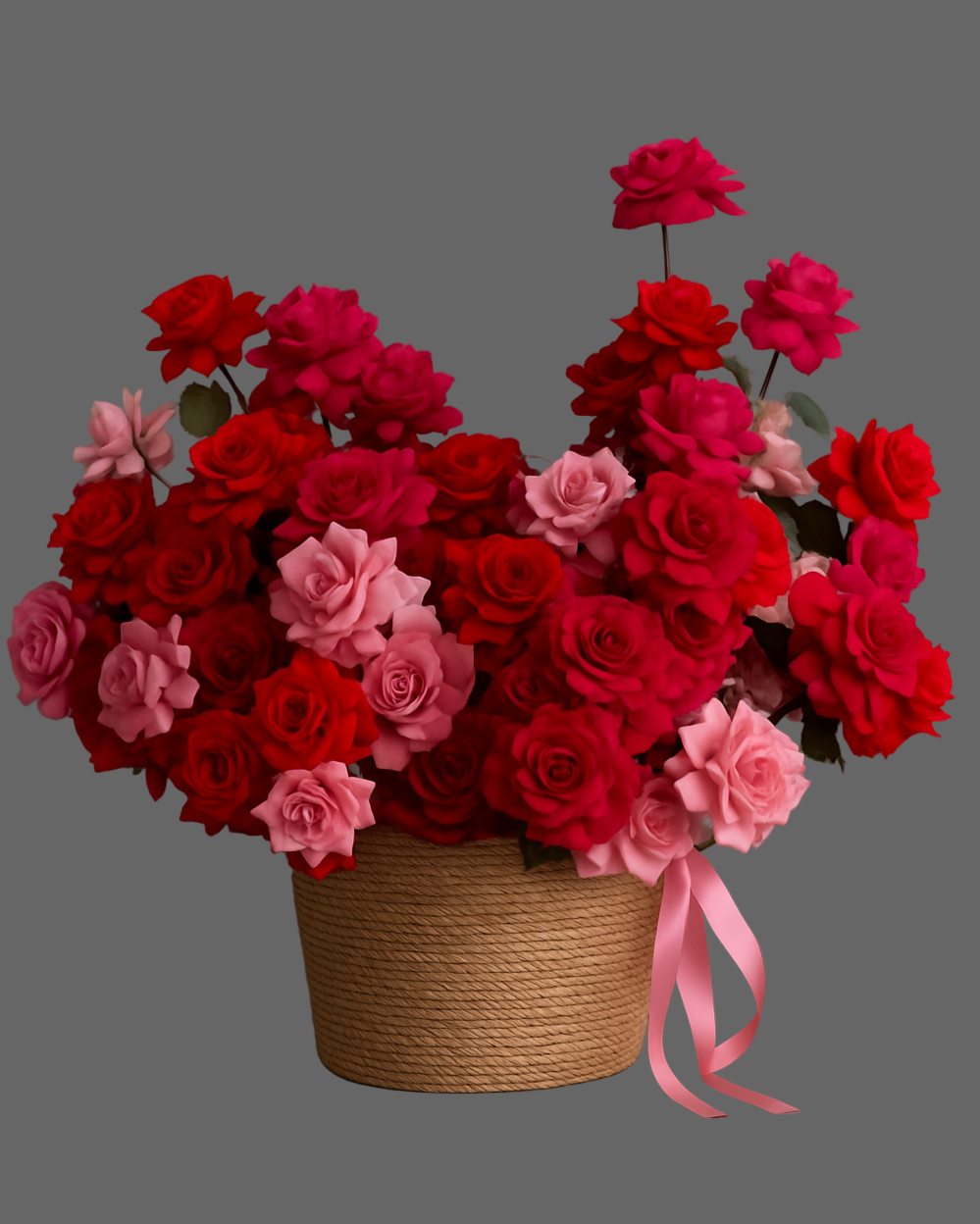 Elegant basket with red and pink roses arranged in a decorative rope basket with pink ribbons. Luxury flower arrangement for romantic gifts and weddings in Miami.