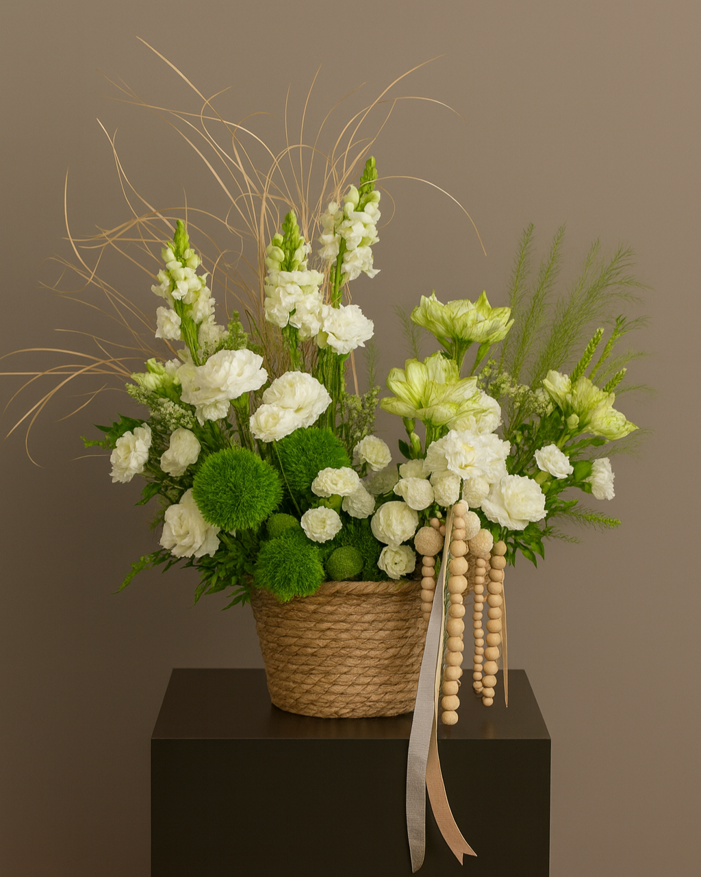 Pure Harmony white and green flower basket with ranunculus, matthiola, and dianthus. Luxury floral arrangement for weddings, birthdays, and elegant gifts in Miami.
