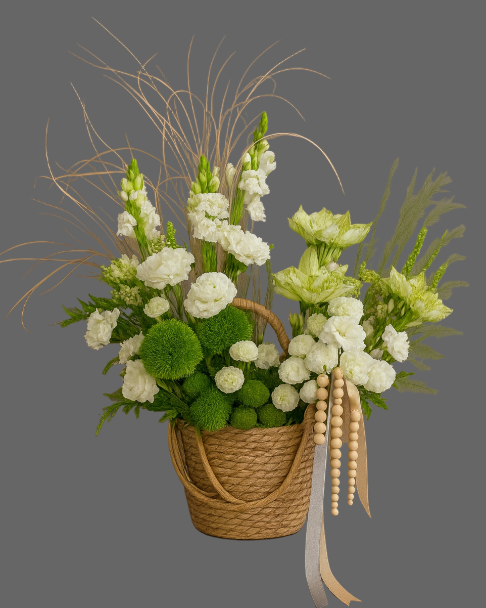 Pure Harmony white and green flower basket with ranunculus, matthiola, and dianthus. Luxury floral arrangement for weddings, birthdays, and elegant gifts in Miami.
