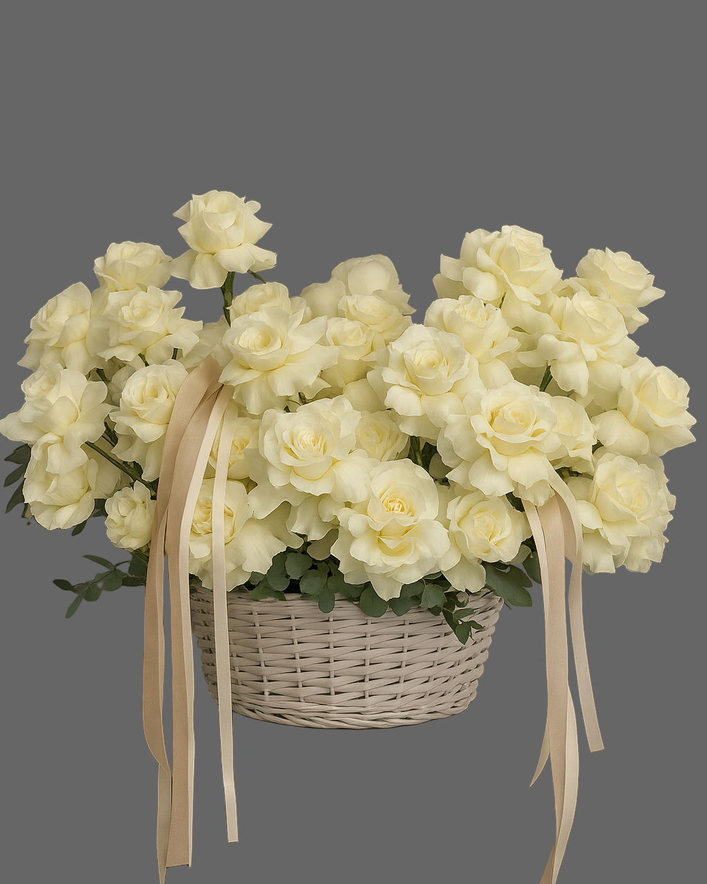 Soft vanilla and white rose basket with lisianthus and greenery. Elegant luxury flower arrangement for weddings, sympathy, and baby showers in Miami.