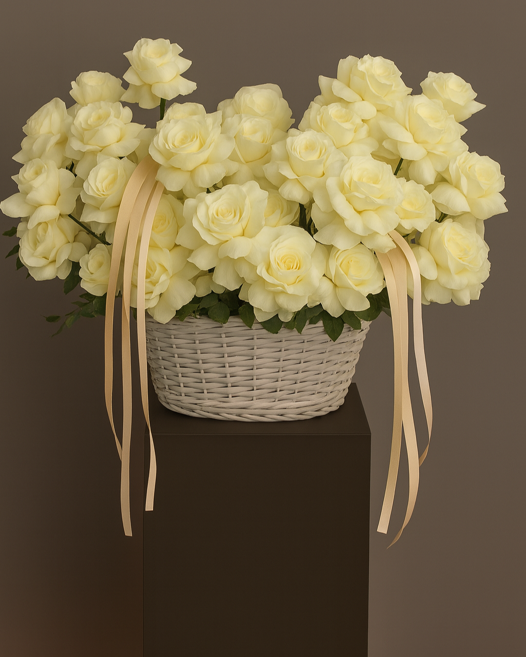 Soft vanilla and white rose basket with lisianthus and greenery. Elegant luxury flower arrangement for weddings, sympathy, and baby showers in Miami.