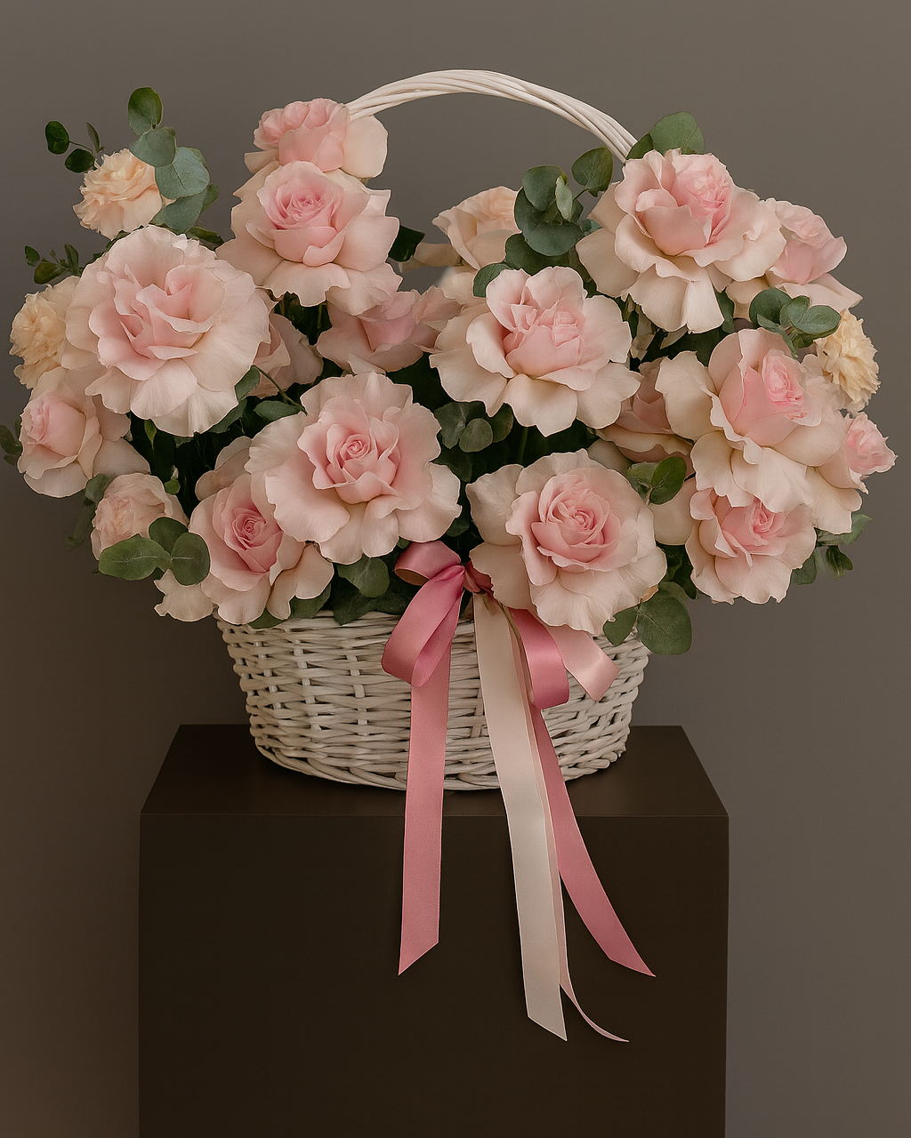 Powder pink rose basket with satin ribbons and greenery. Elegant romantic flower arrangement for gifts and occasions in Miami.
