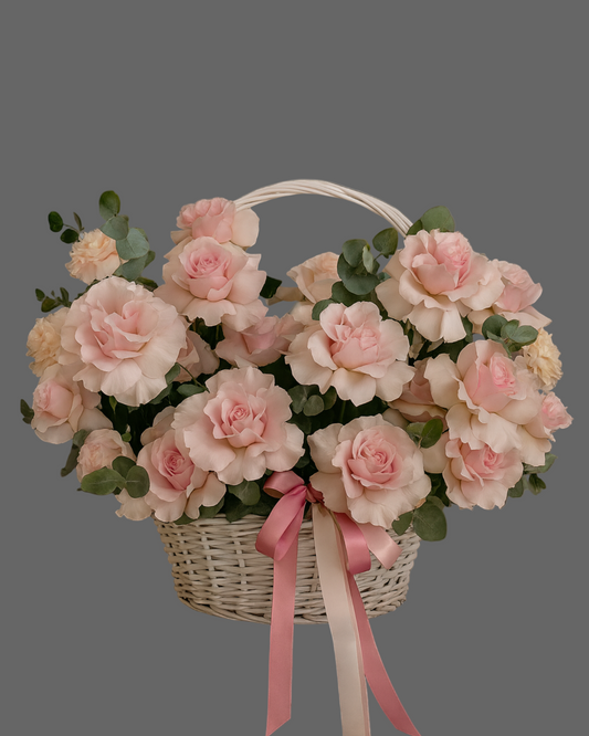 Powder pink rose basket with satin ribbons and greenery. Elegant romantic flower arrangement for gifts and occasions in Miami.