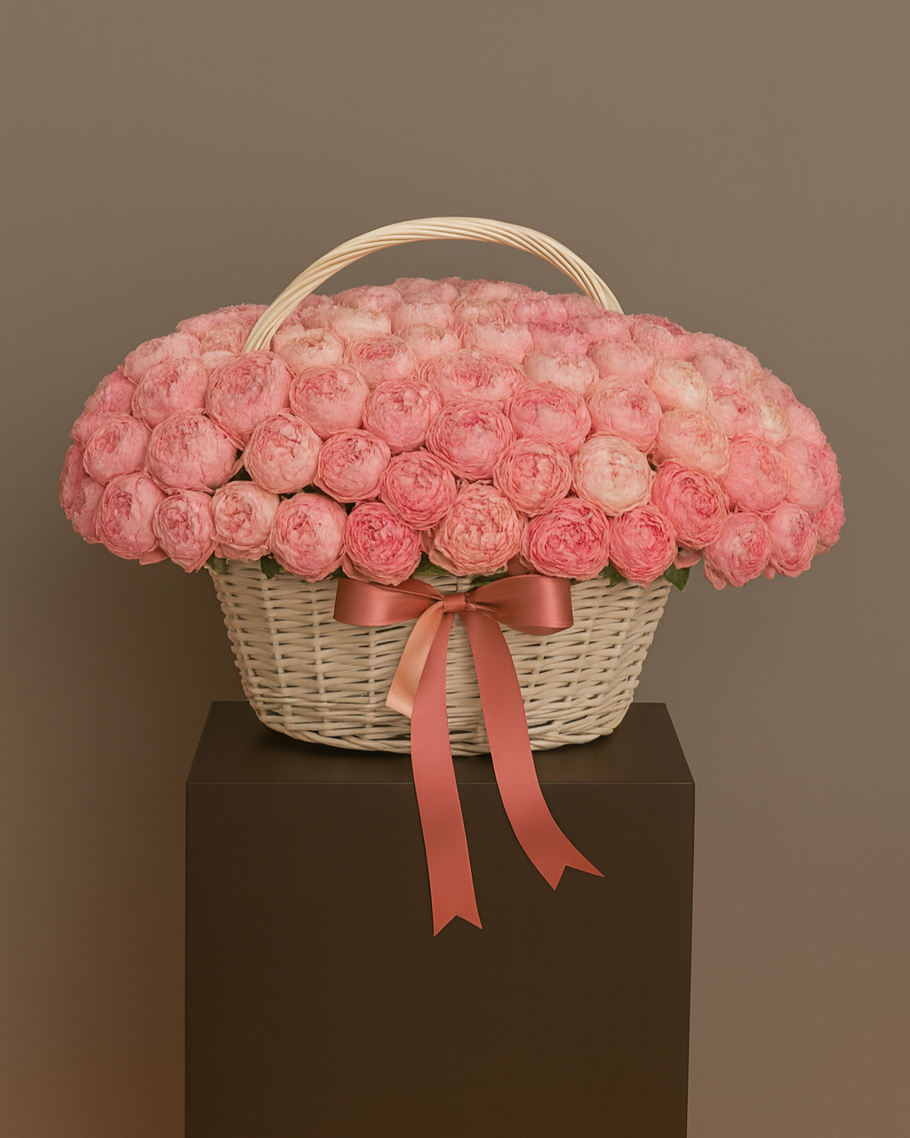 Luxury white basket filled with 100 pink peonies on a gray background. Exclusive premium floral arrangement for weddings, anniversaries, and romantic occasions in Miami.