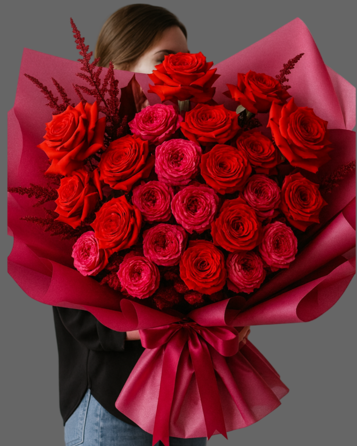 “Premium bouquet Magenta Blum with red and magenta roses, designer foliage, luxury flowers available for same-day delivery in Miami and Sunny Isles