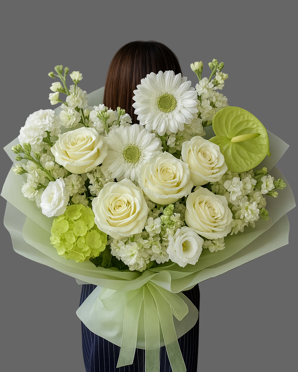 Bouquet with white roses, green hydrangea, anthurium and chrysanthemums in pastel wrapping, available for same-day flower delivery in Miami and Sunny Isles