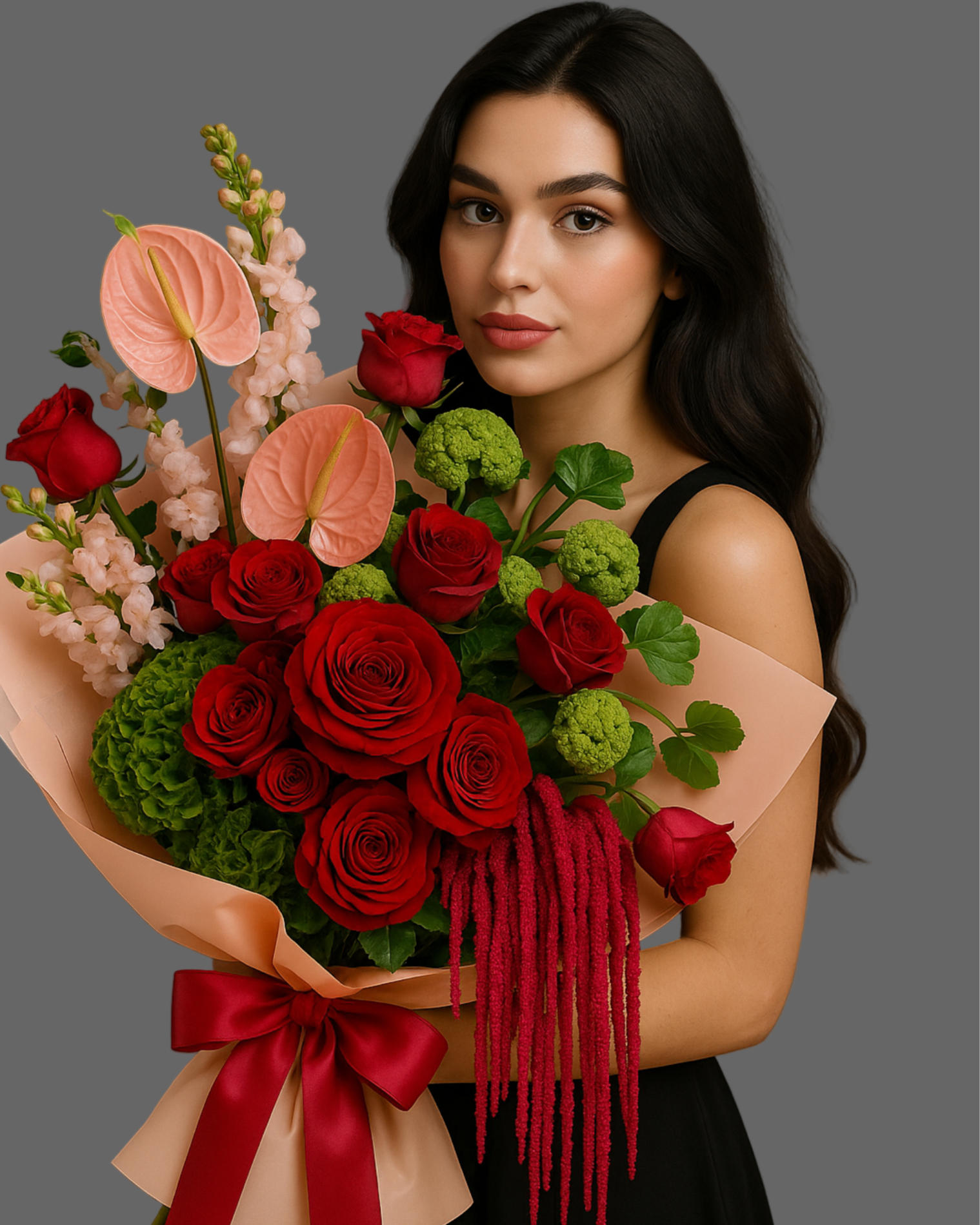 “Luxury bouquet Botanic Art with red roses, pink anthuriums, green viburnum and cascading amaranthus, designer bouquet available for delivery in Miami and Sunny Isles.”
