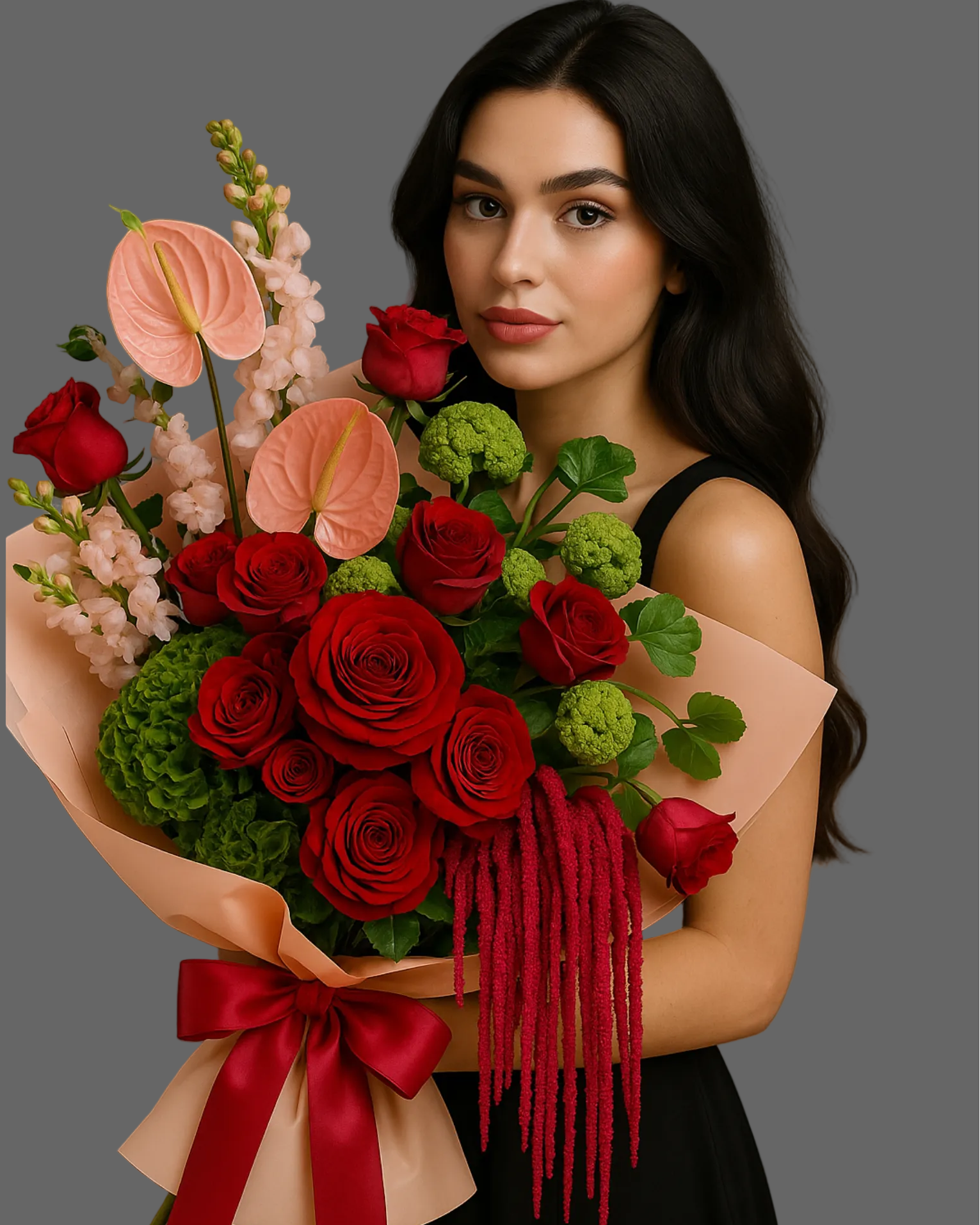 “Luxury bouquet Botanic Art with red roses, pink anthuriums, green viburnum and cascading amaranthus, designer bouquet available for delivery in Miami and Sunny Isles.”