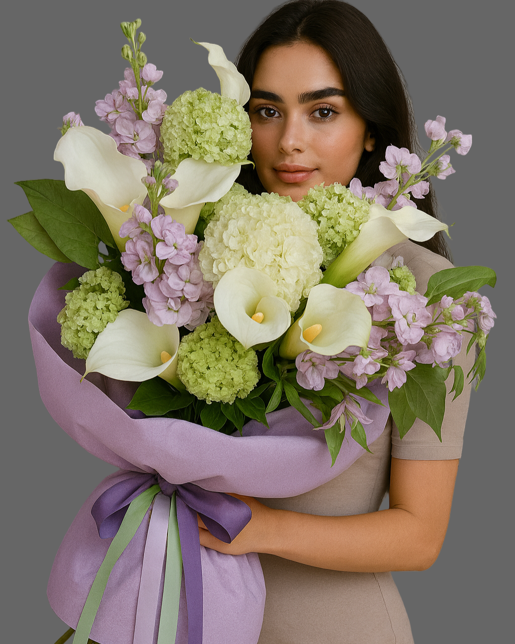 “Bouquet Lilac & White Elegance with calla lilies, green viburnum and lilac lisianthus, luxury flowers with delivery in Miami and Sunny Isles.”