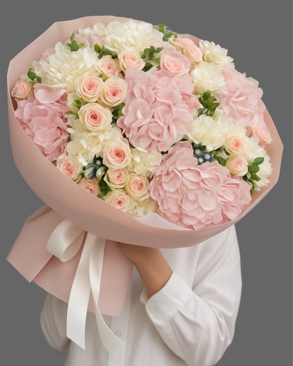 PASTEL ELEGANCE bouquet with pink hydrangeas, creamy roses, and white flowers, medium elegant bouquet for delivery in Miami and Sunny Isles.
