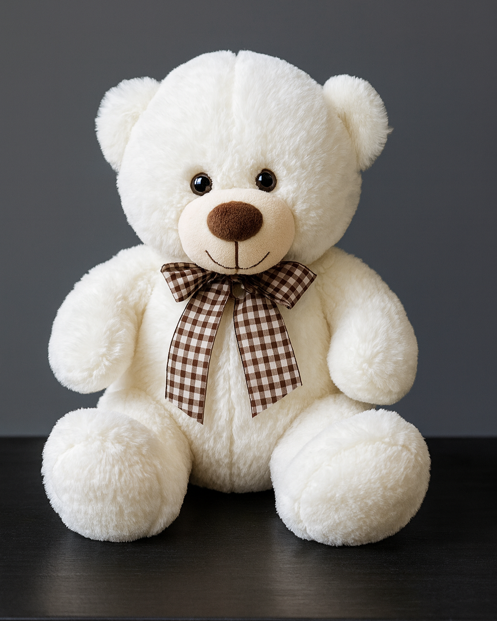 white plush teddy bear with a brown checkered bow sitting on a dark surface and gray background. Cute soft toy gift accessory in Miami.