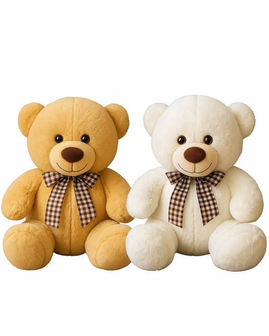 Plush Teddy Bear with Bow – White or Beige
