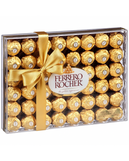 Ferrero Rocher chocolate box with 48 pieces tied with a gold satin ribbon, elegant gift for special occasions in Miami.
