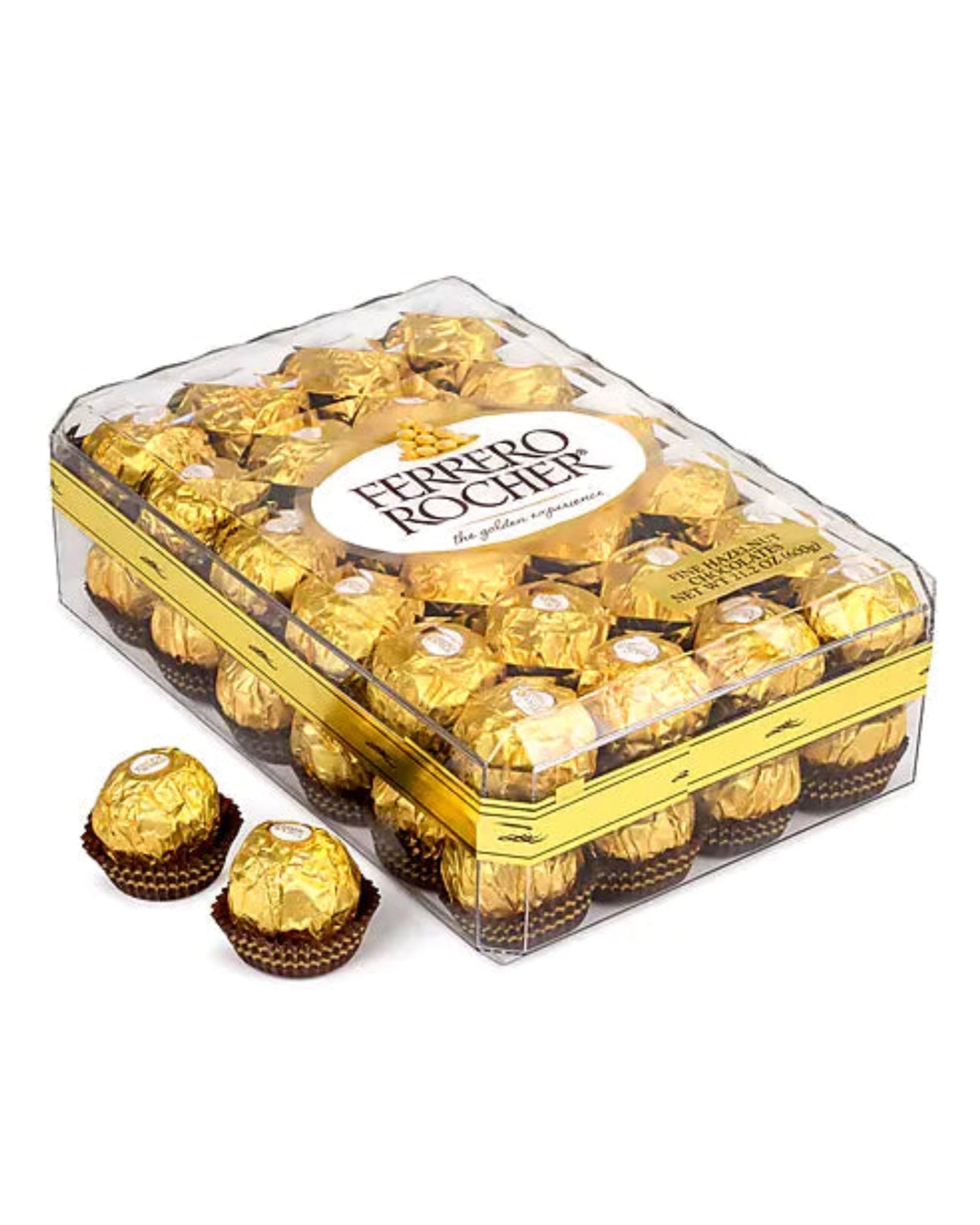 Ferrero Rocher chocolate box with 24 pieces tied with a gold ribbon on a light background.