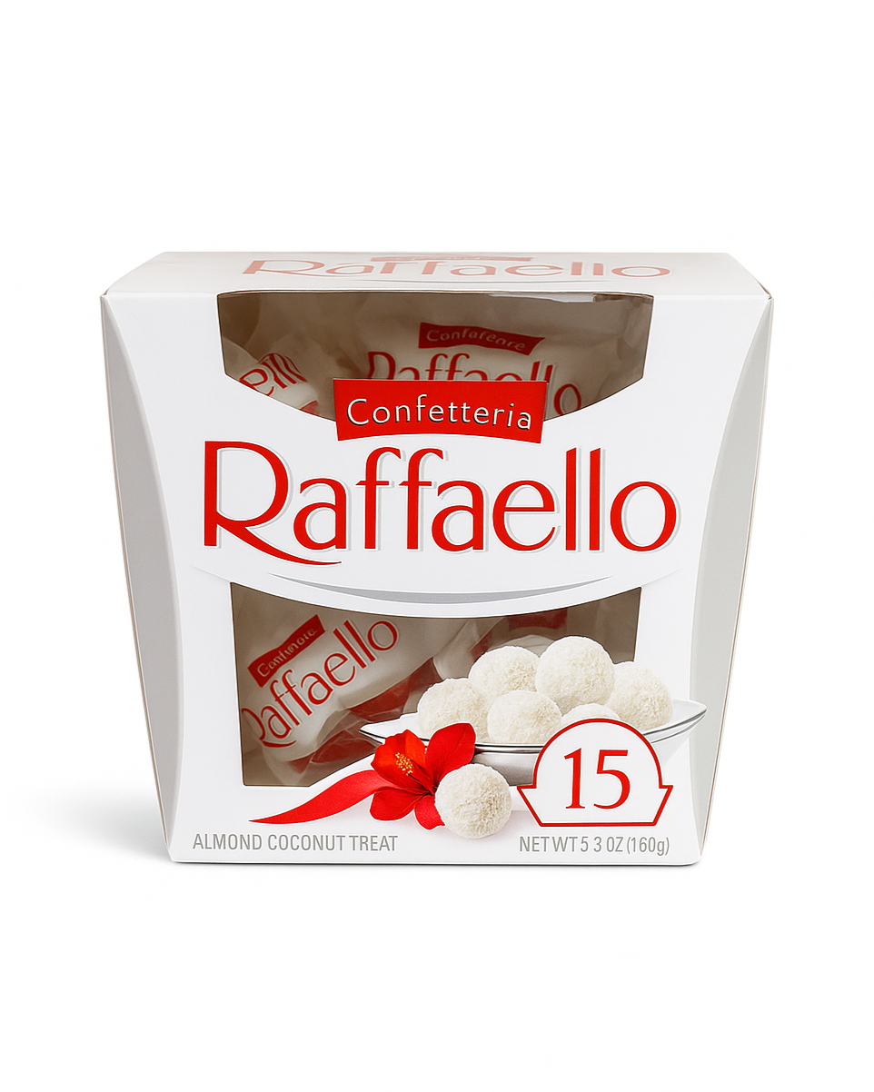 Raffaello coconut almond chocolate gift box with red satin bow on white background, elegant present for special occasions in Miami.